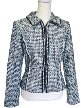 White House Black Market Blue & White Tweed Zip Jacket